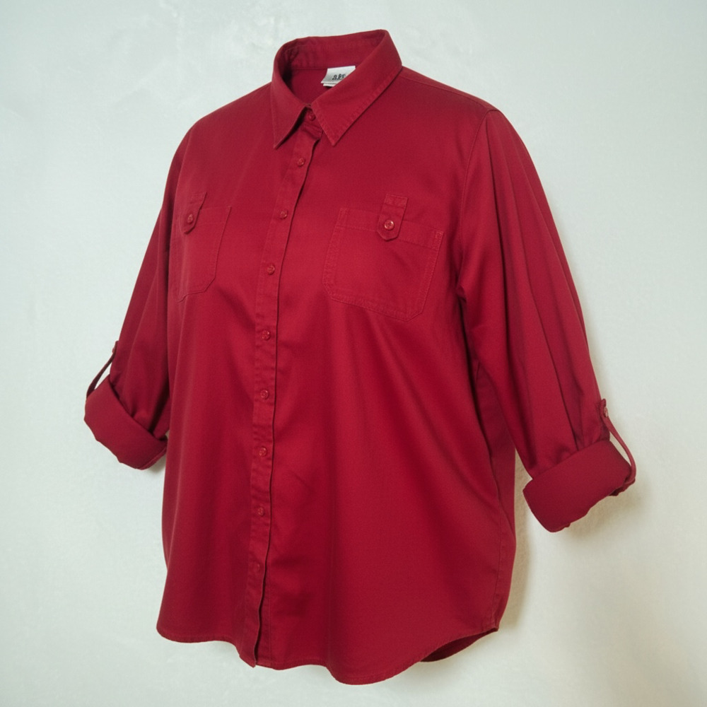 AR Women's Solid Red Button-Down Utility Blouse with Roll-Tab Sleeves